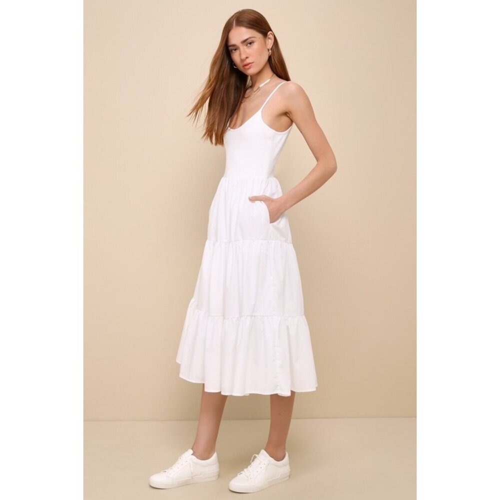 Lulus Lovable Cutie White Sleeveless Tiered Midi Dress With Pockets - Size L